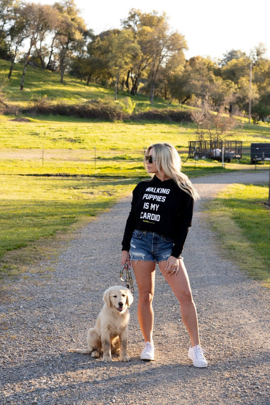 Walking Puppies is My Cardio Crop Hoodie | Leopard Print Font | Gift for Dog Moms | Printed in USA