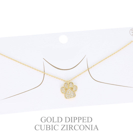 Cubic Zirconia Pave Paw Print Pendant Necklace: Gold