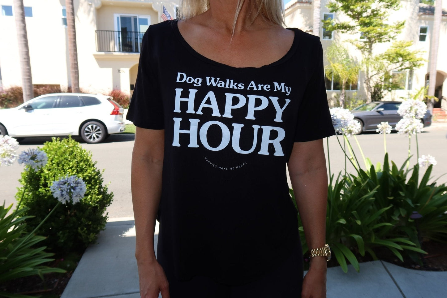 Dog Walks Are My Happy Hour Scoop Neck Tee | Gift for Dog Moms | Made in USA