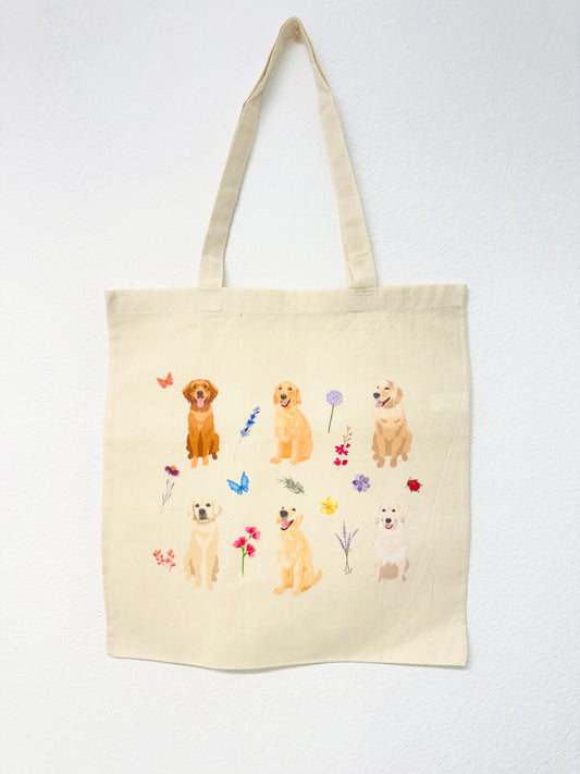 Cottage-Core Golden Retrievers Canvas Tote Bag