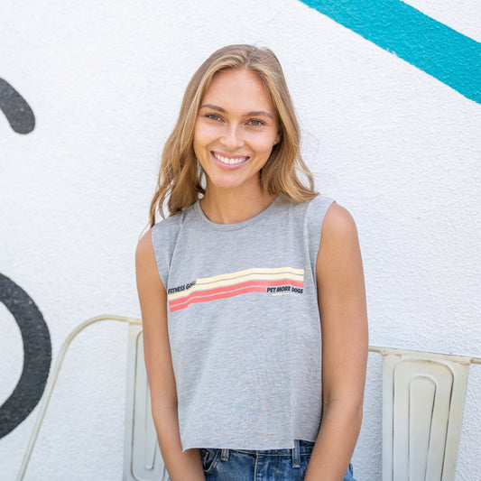 Puppies Fitness Stripes Crop Tank | Light Grey | Sporty Dog Mom Gift | Made in USA | Last 4