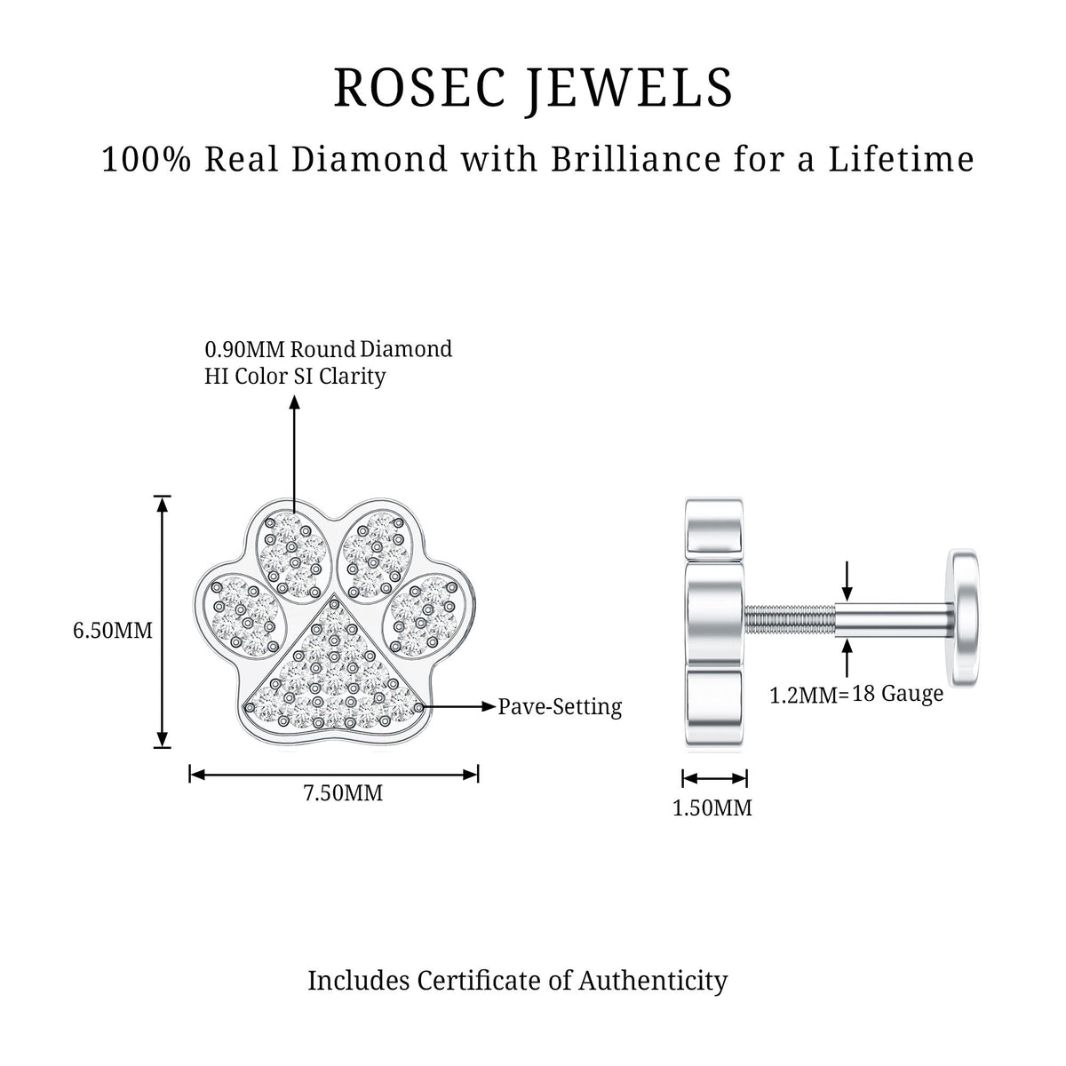 Certified Diamond Paw Cartilage Earring