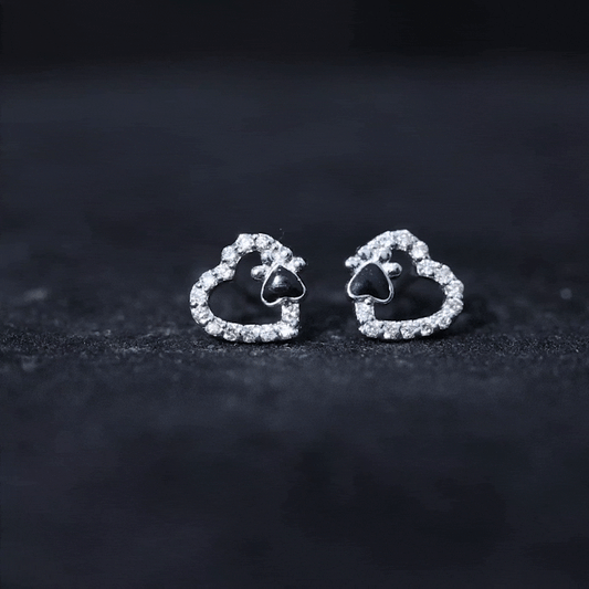 Moissanite Heart and Paw Stud Earrings with Enamel