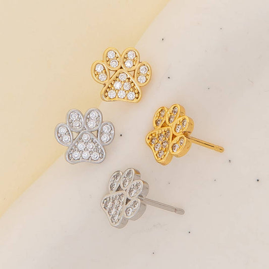 Cubic Zirconia Pave Paw Stud Earrings: Silver