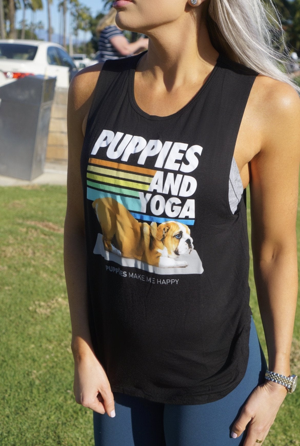 Puppies & Yoga Women's Sleeveless Tank | Gift for Dog Moms | As Seen in Dog Days | Made in USA