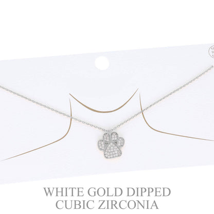 Cubic Zirconia Pave Paw Print Pendant Necklace: Gold