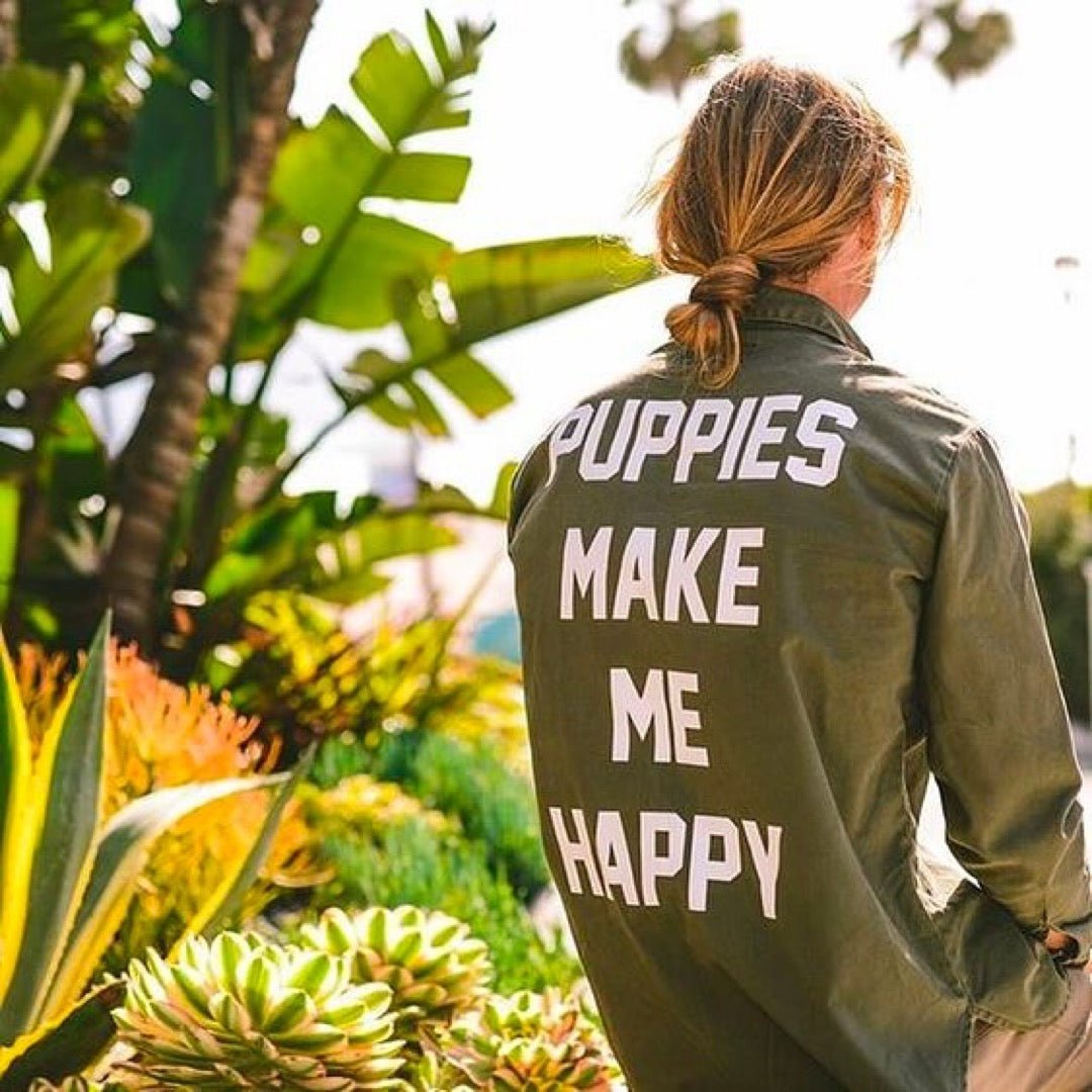 Puppies Make Me Happy Military Button-Up Shirt | Handmade in Los Angeles USA | Dog Lover Gift