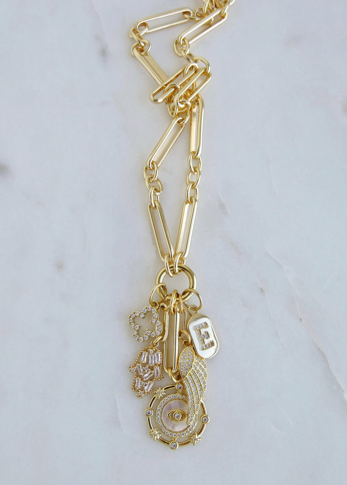 Love & Divine Guidance Charm Cluster Necklace - Figaro Link