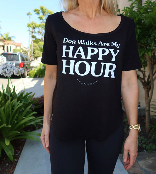 Dog Walks Are My Happy Hour Scoop Neck Tee | Gift for Dog Moms | Made in USA
