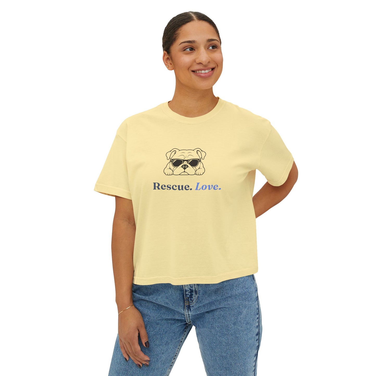 Bulldog Rescue Love Boxy Tee — Women's Rescue Dog Adoption Shirt
