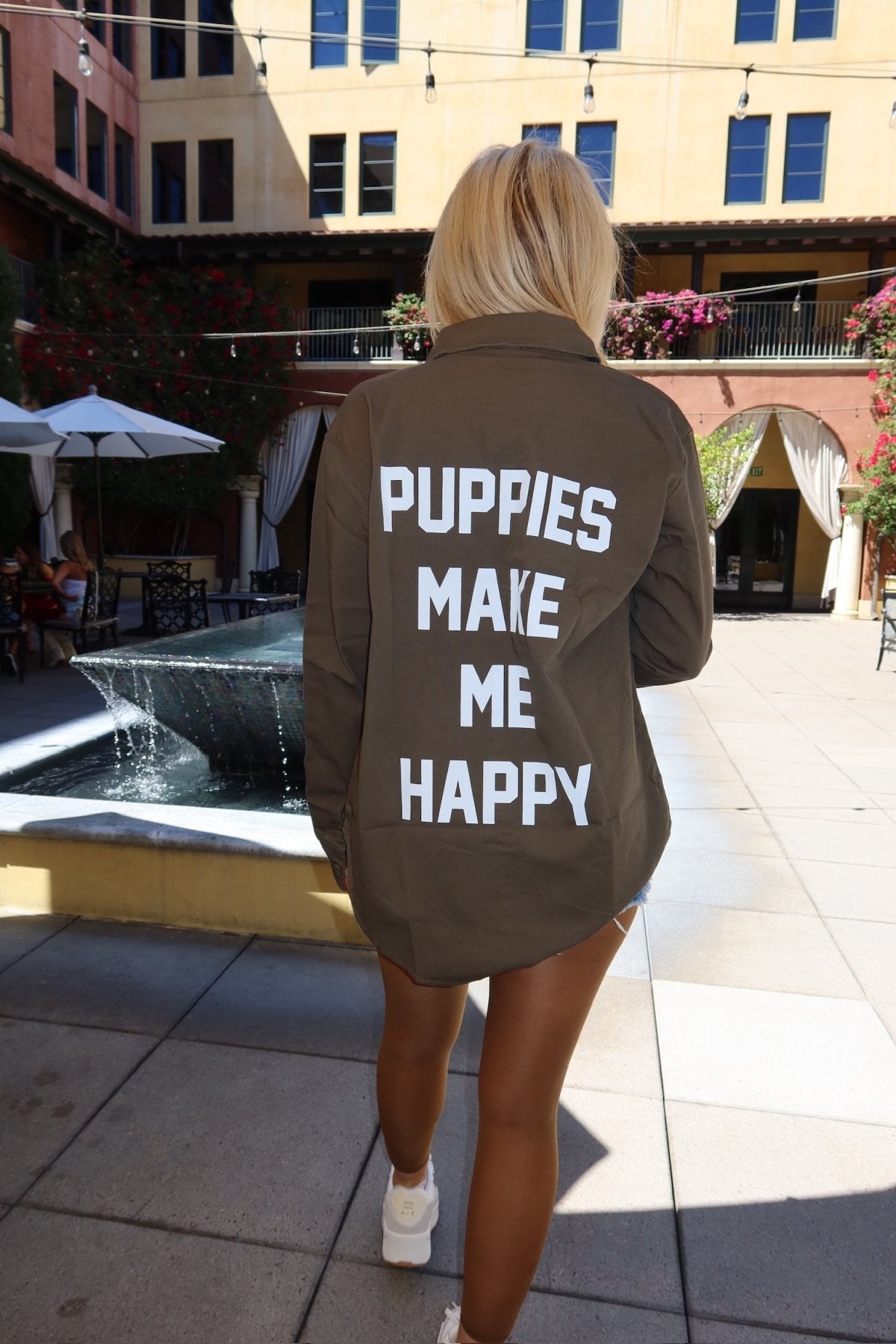 Puppies Make Me Happy Military Button-Up Shirt | Handmade in Los Angeles USA | Dog Lover Gift