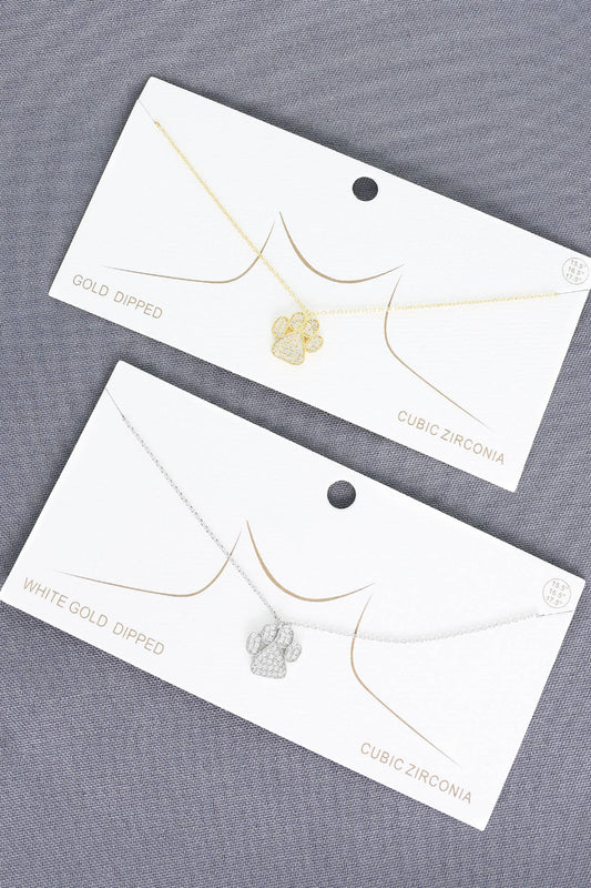 Cubic Zirconia Pave Paw Print Pendant Necklace: Gold