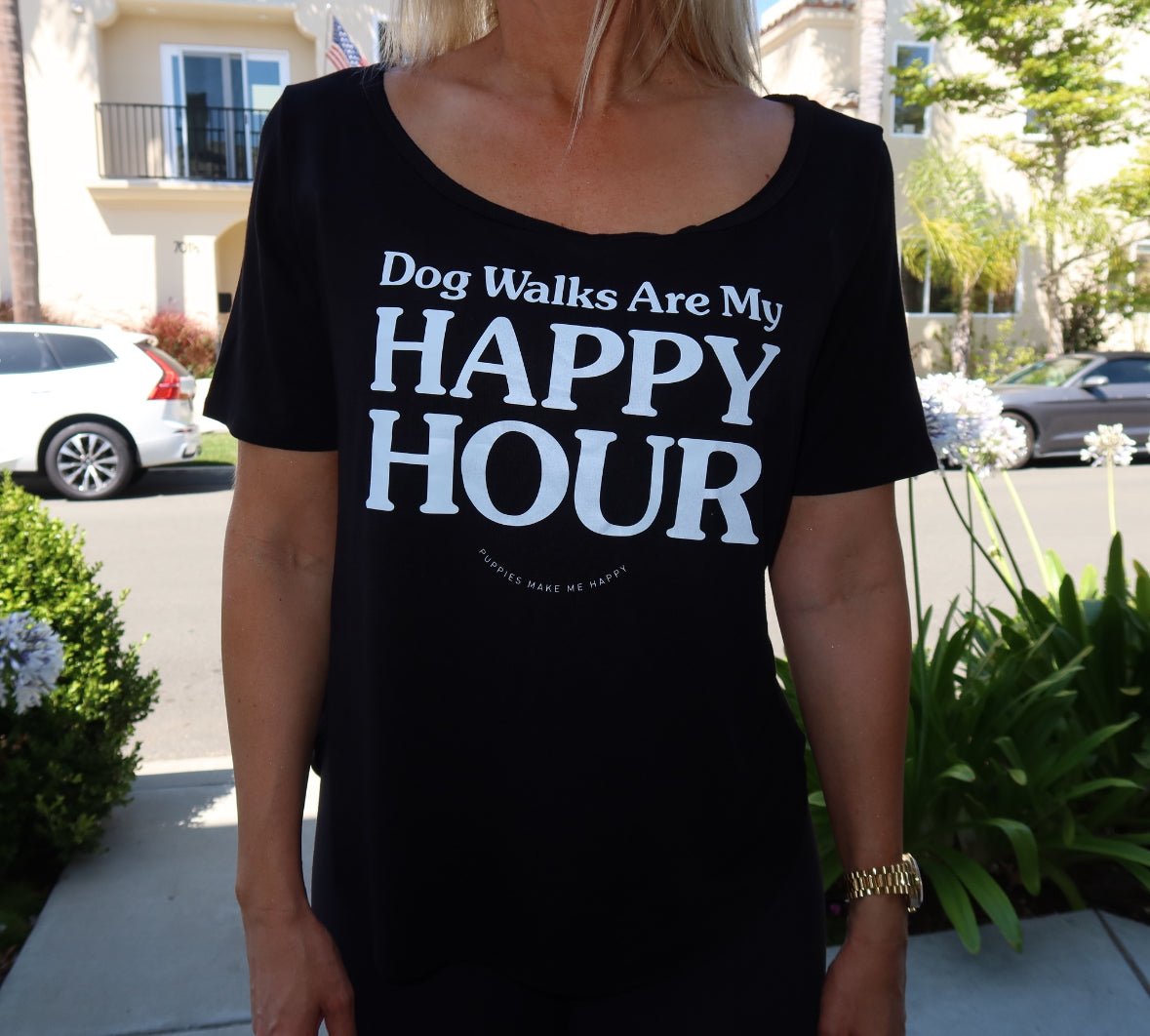 Dog Walks Are My Happy Hour Scoop Neck Tee | Gift for Dog Moms | Made in USA