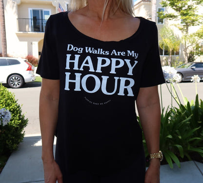 Dog Walks Are My Happy Hour Scoop Neck Tee | Gift for Dog Moms | Made in USA