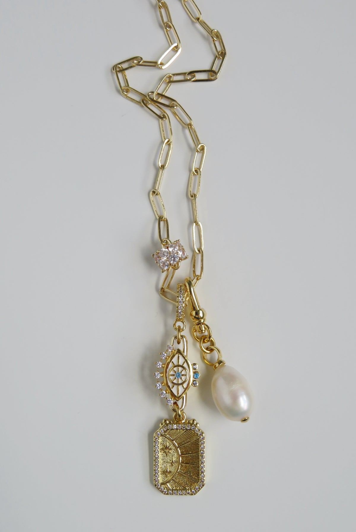 Evil Eye & Sun Hinged Clasp Lariat Chain - Figaro Link