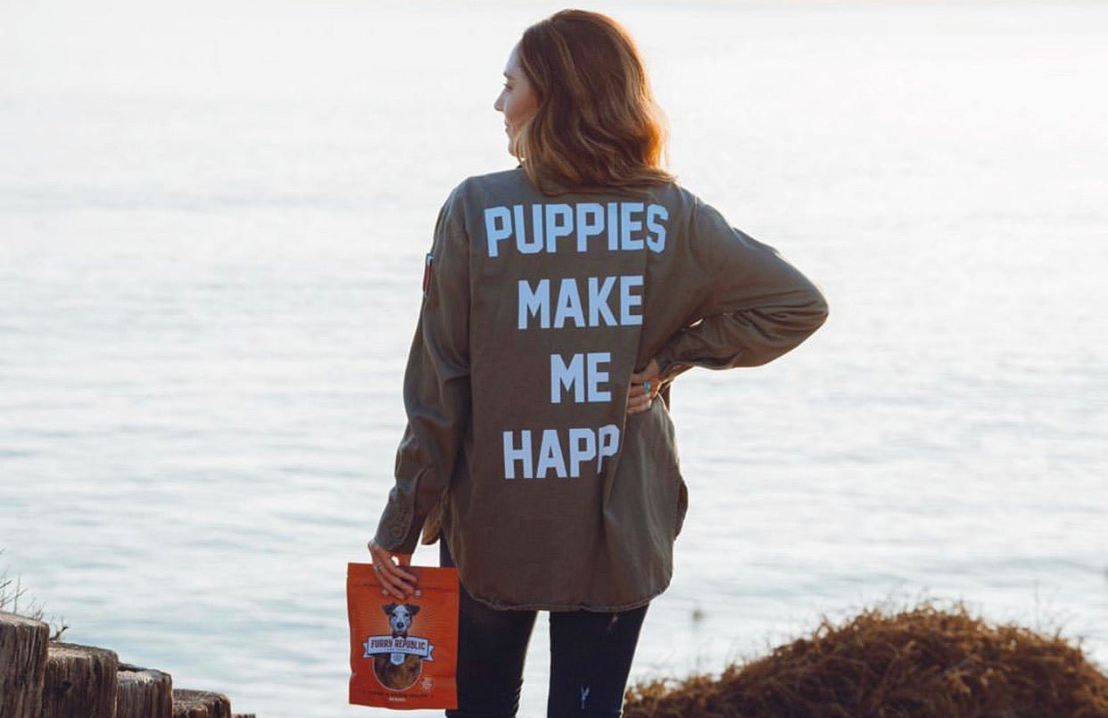 Puppies Make Me Happy Military Button-Up Shirt | Handmade in Los Angeles USA | Dog Lover Gift