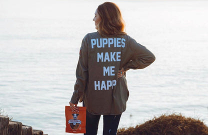 Puppies Make Me Happy Military Button-Up Shirt | Handmade in Los Angeles USA | Dog Lover Gift