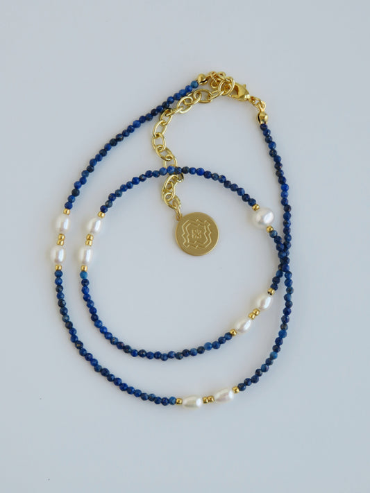 Balance and Communication- Lapis Lazuli Pearl Wrap Bracelet - Necklace