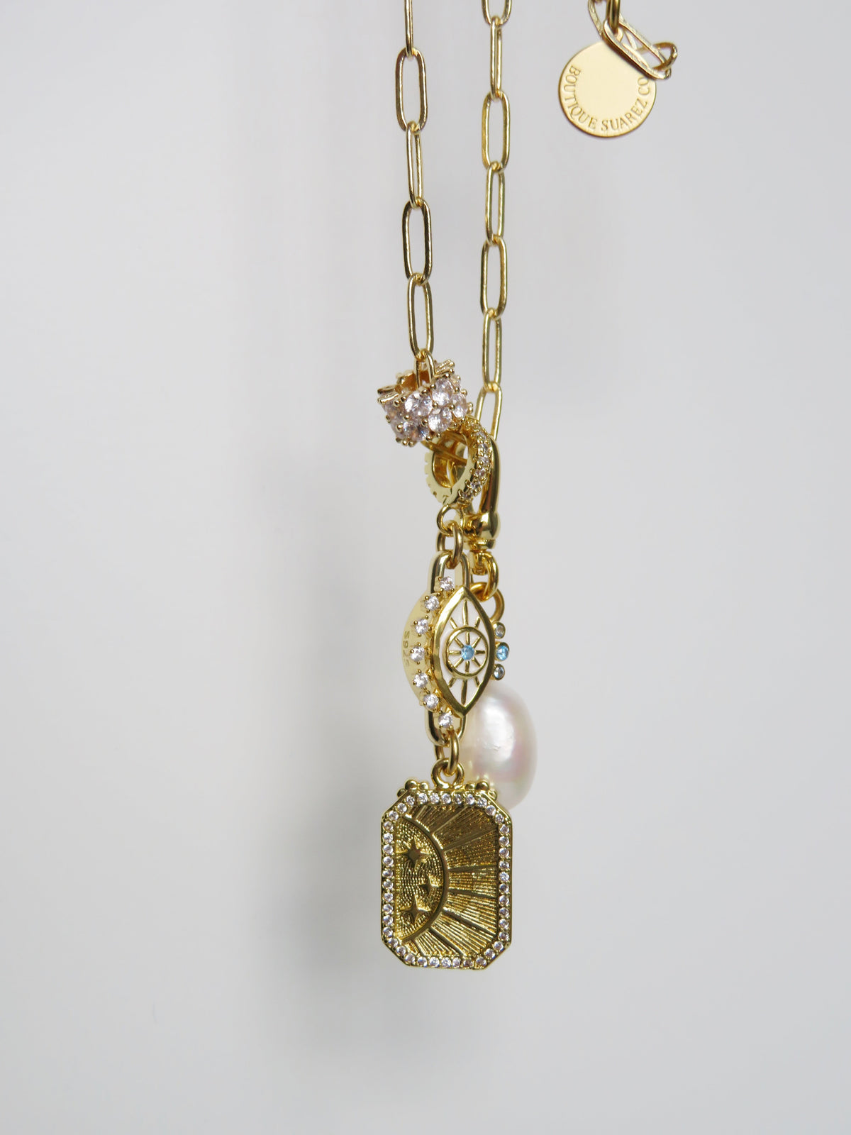 Evil Eye & Sun Hinged Clasp Lariat Chain - Figaro Link
