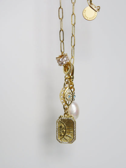 Evil Eye & Sun Hinged Clasp Lariat Chain - Figaro Link