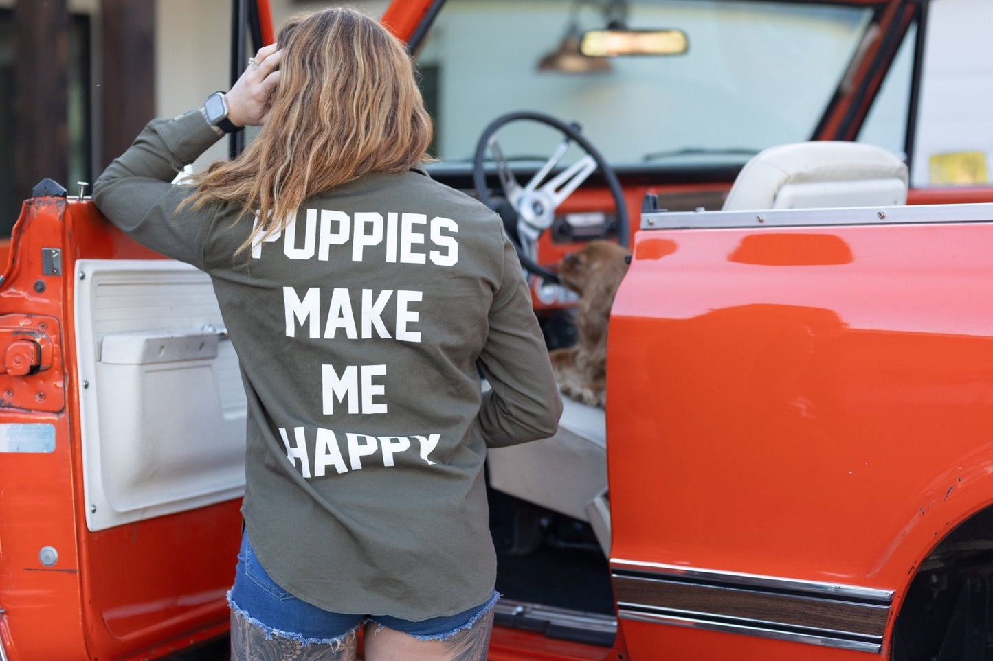 Puppies Make Me Happy Military Button-Up Shirt | Handmade in Los Angeles USA | Dog Lover Gift