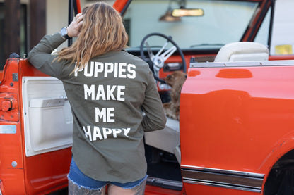 Puppies Make Me Happy Military Button-Up Shirt | Handmade in Los Angeles USA | Dog Lover Gift