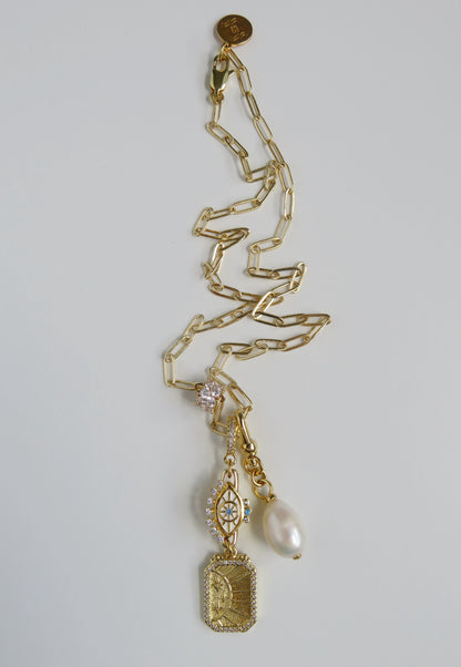 Evil Eye & Sun Hinged Clasp Lariat Chain - Figaro Link