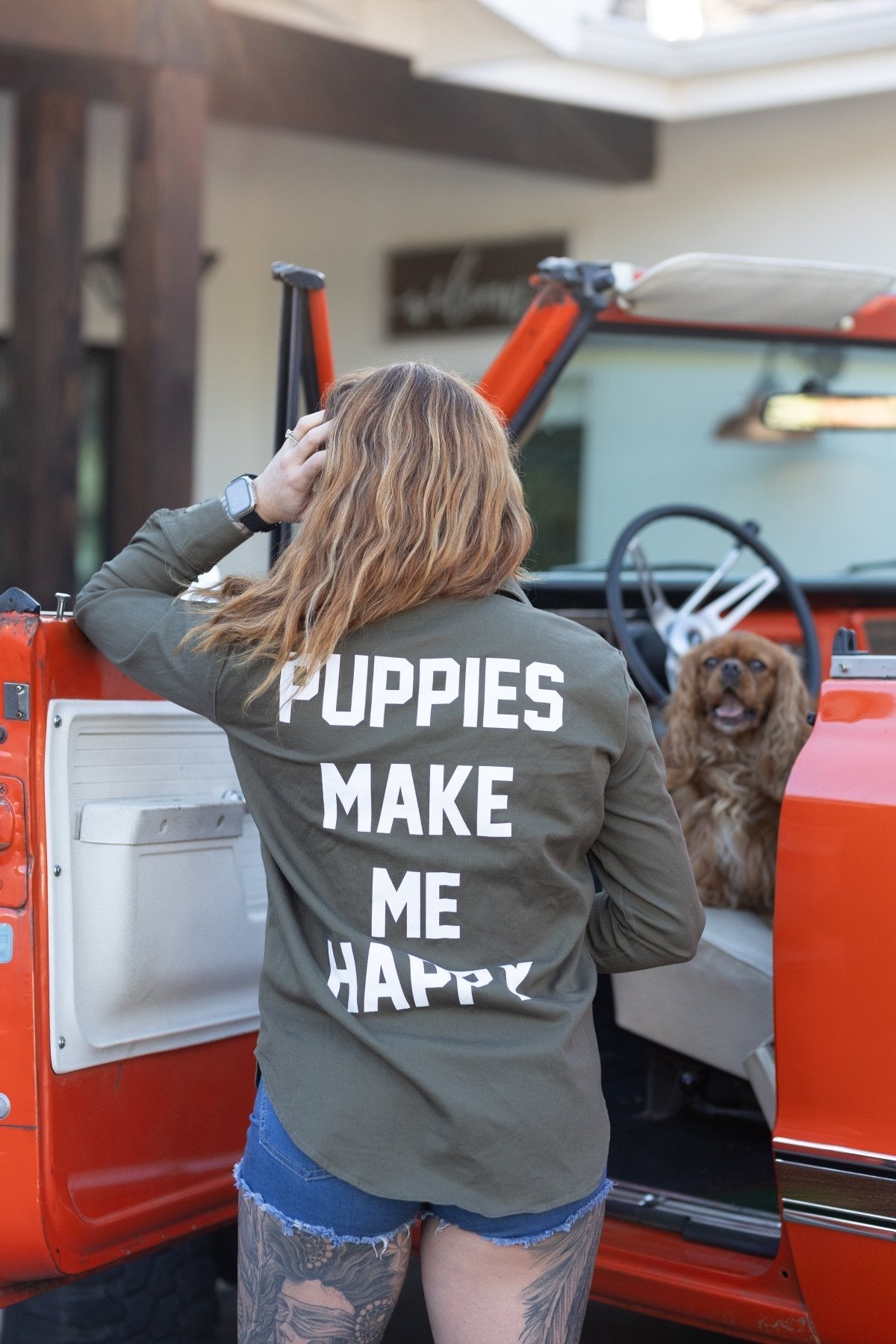 Puppies Make Me Happy Military Button-Up Shirt | Handmade in Los Angeles USA | Dog Lover Gift