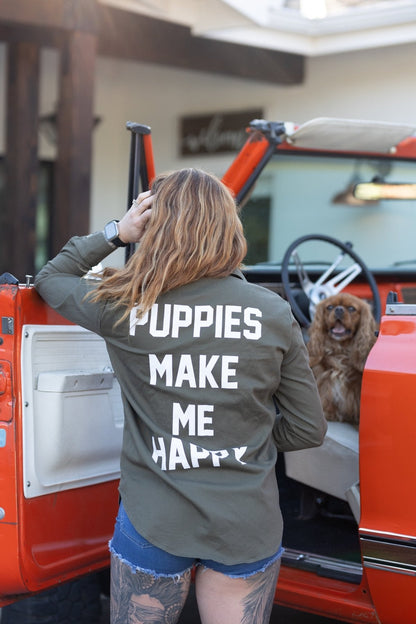 Puppies Make Me Happy Military Button-Up Shirt | Handmade in Los Angeles USA | Dog Lover Gift