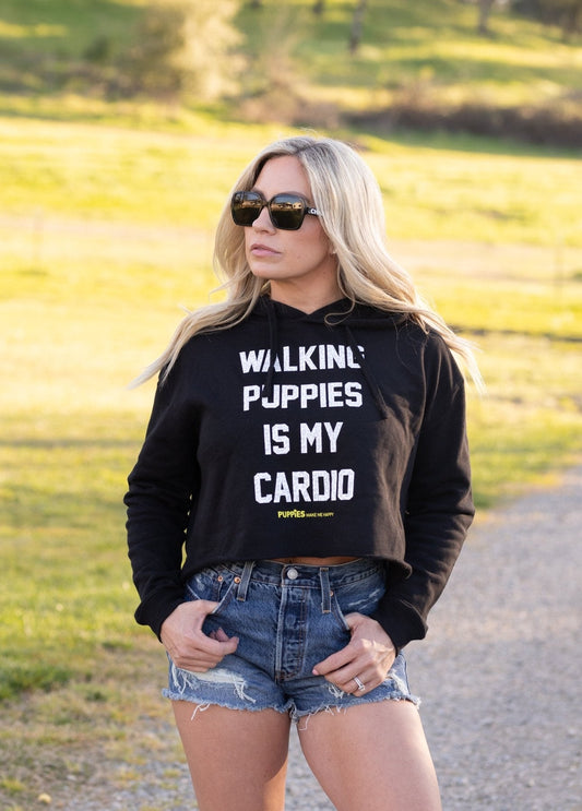 Walking Puppies is My Cardio Crop Hoodie | Leopard Print Font | Gift for Dog Moms | Printed in USA