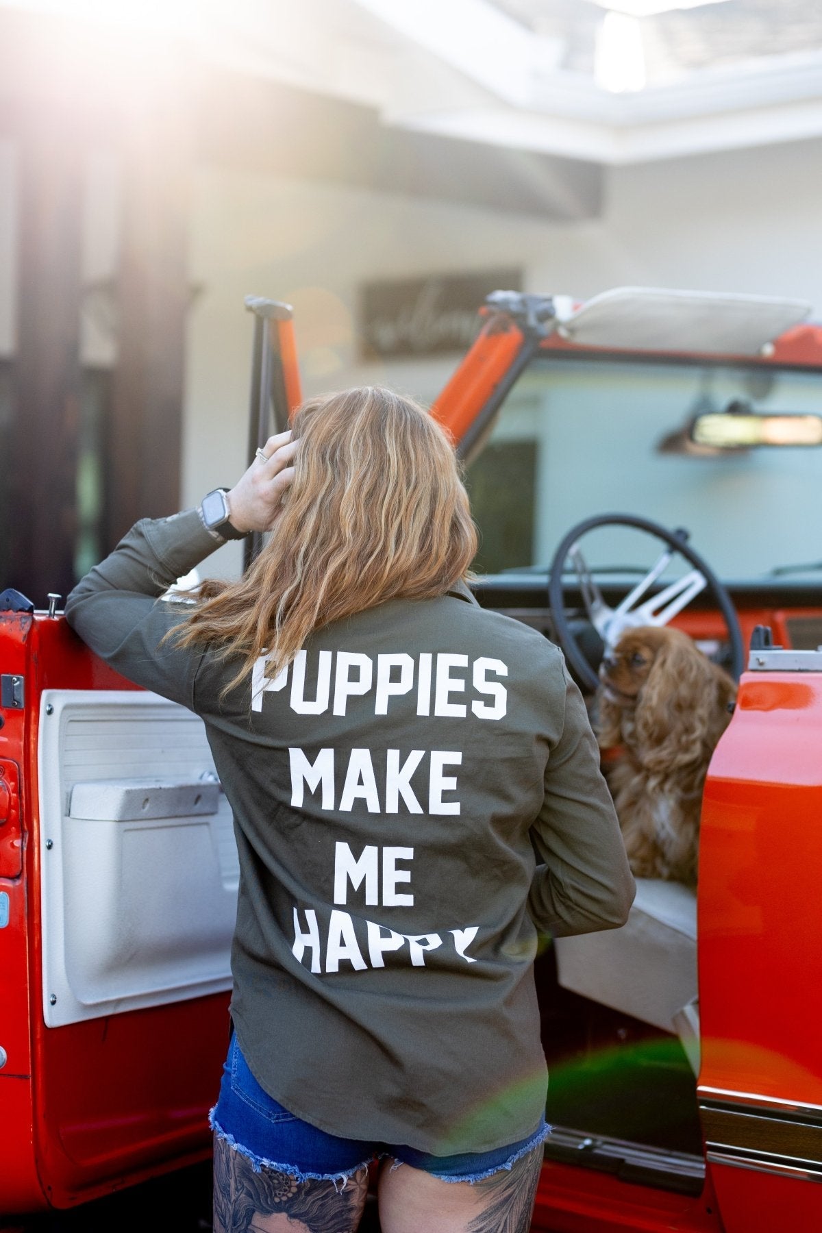 Puppies Make Me Happy Military Button-Up Shirt | Handmade in Los Angeles USA | Dog Lover Gift