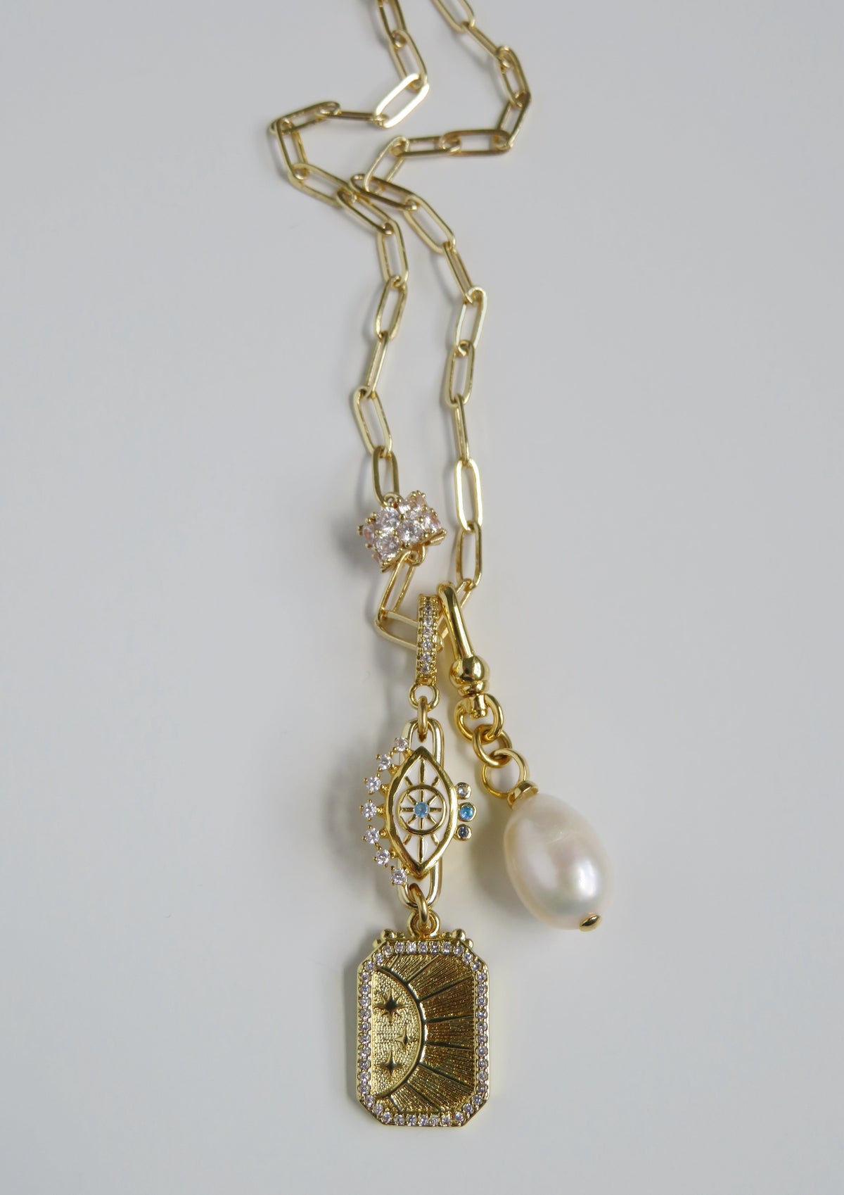 Evil Eye & Sun Hinged Clasp Lariat Chain - Figaro Link