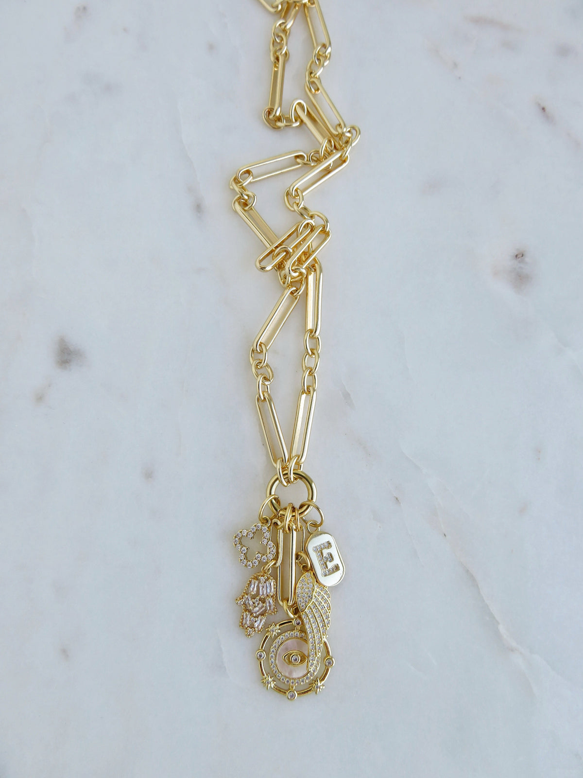 Love & Divine Guidance Charm Cluster Necklace - Figaro Link