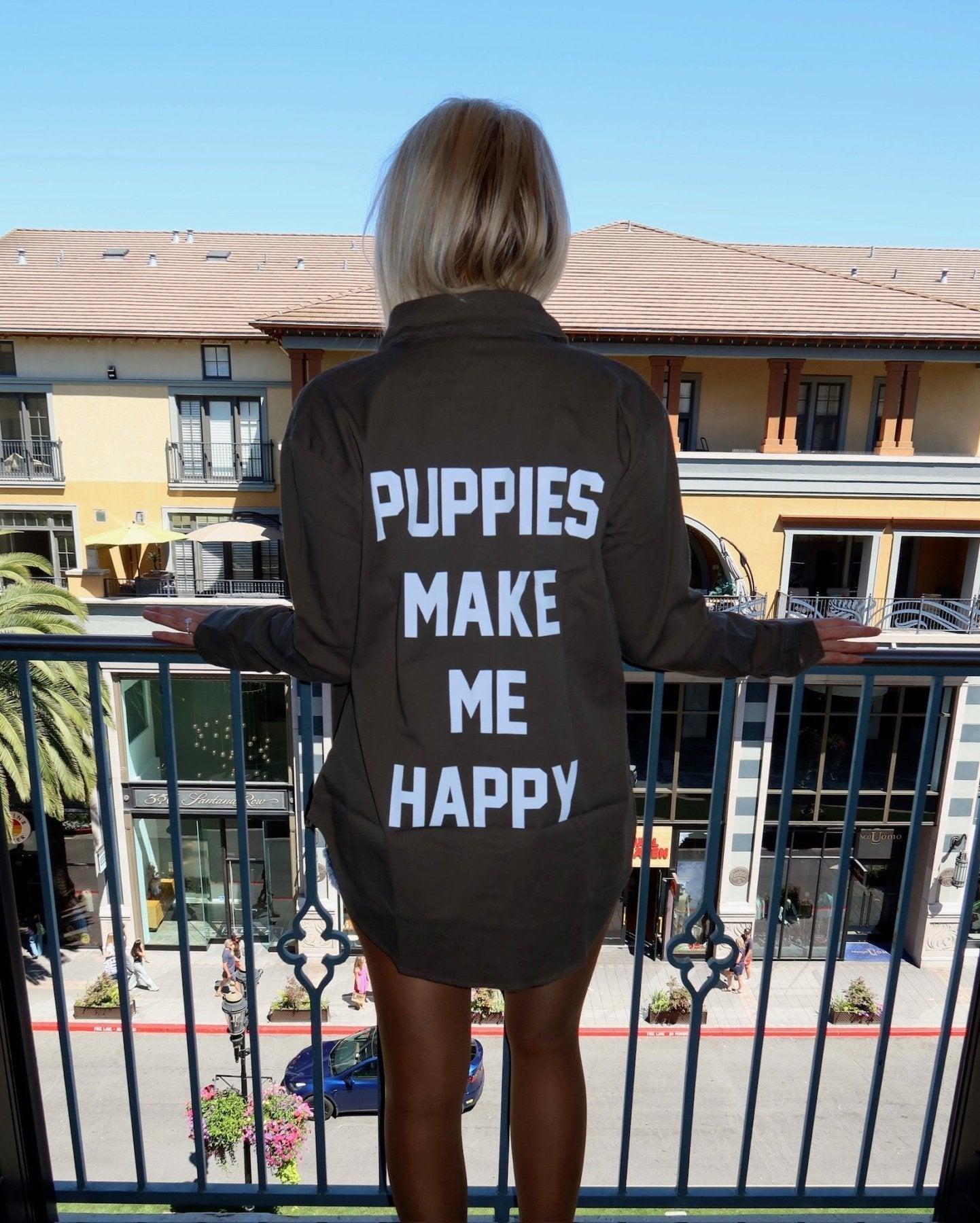 Puppies Make Me Happy Military Button-Up Shirt | Handmade in Los Angeles USA | Dog Lover Gift