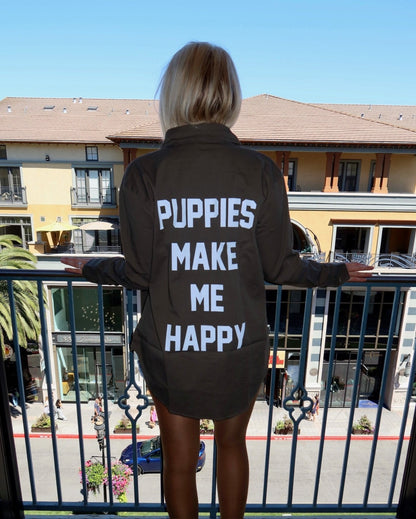 Puppies Make Me Happy Military Button-Up Shirt | Handmade in Los Angeles USA | Dog Lover Gift