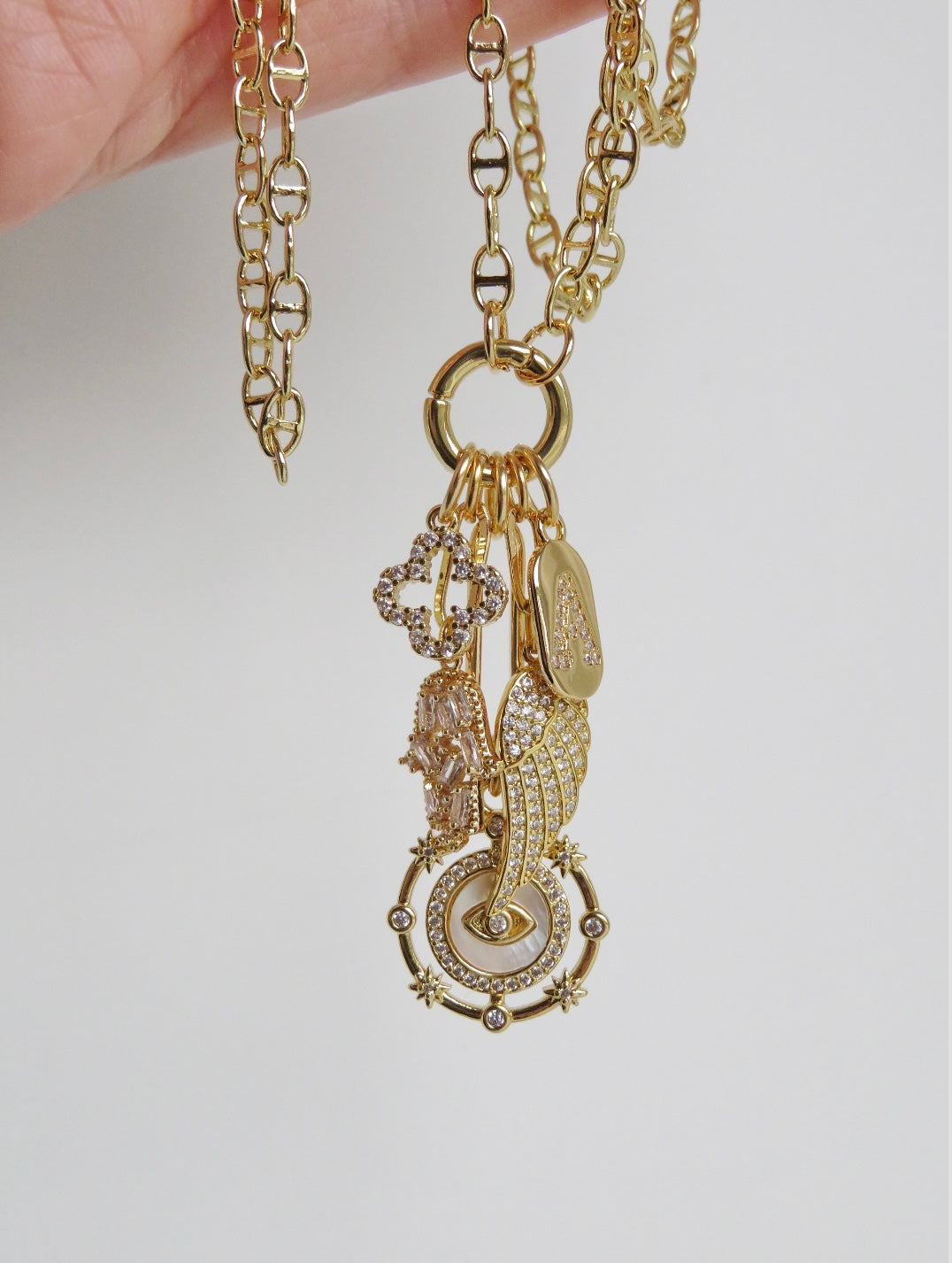 Love & Divine Guidance Charm Cluster Necklace - Petite Mariner Link