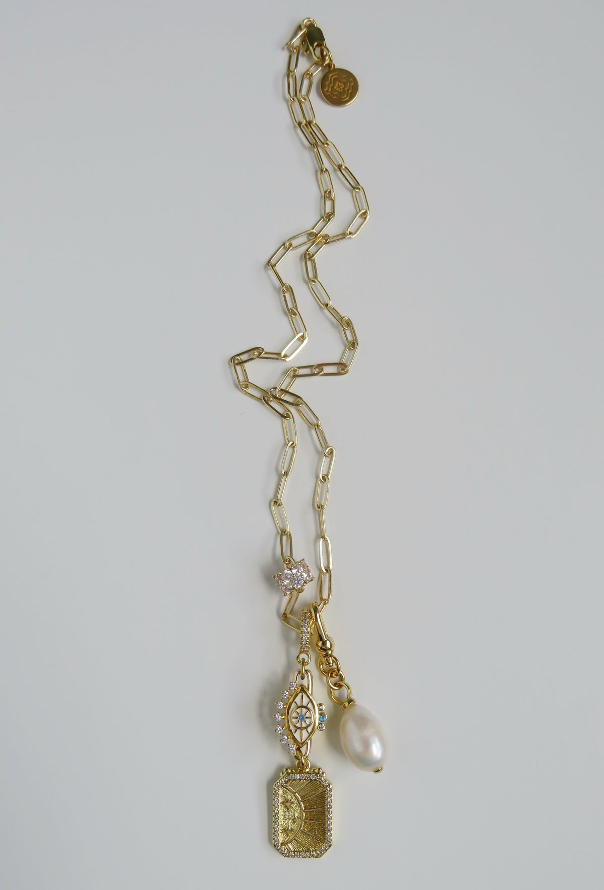 Evil Eye & Sun Hinged Clasp Lariat Chain - Figaro Link