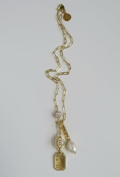 Evil Eye & Sun Hinged Clasp Lariat Chain - Figaro Link