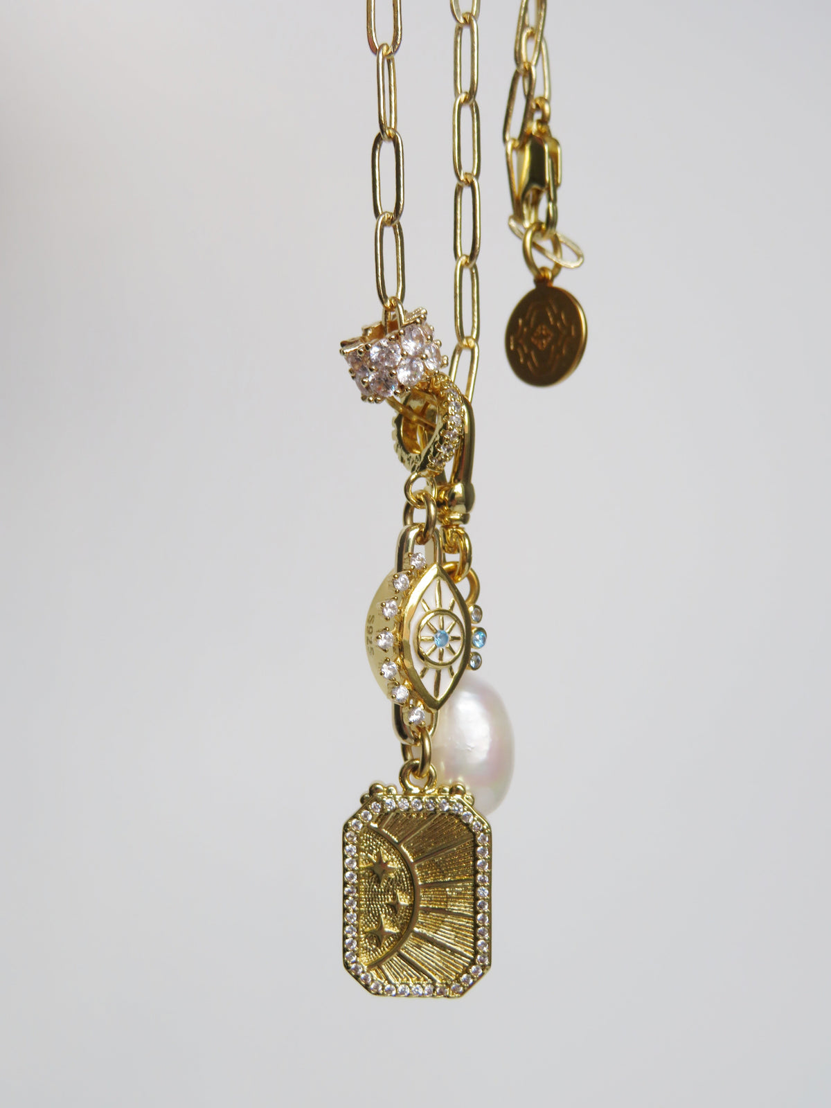 Evil Eye & Sun Hinged Clasp Lariat Chain - Figaro Link