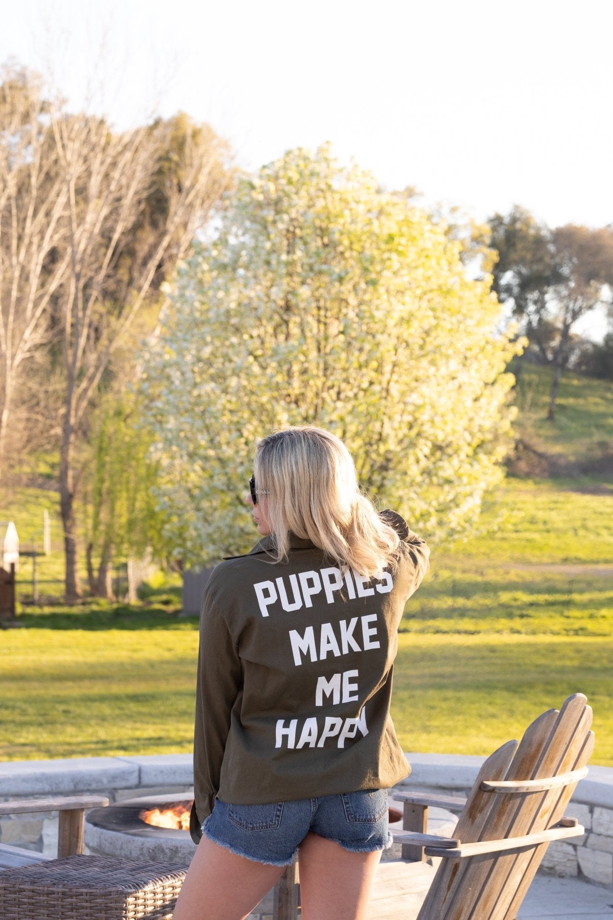 Puppies Make Me Happy Military Button-Up Shirt | Handmade in Los Angeles USA | Dog Lover Gift