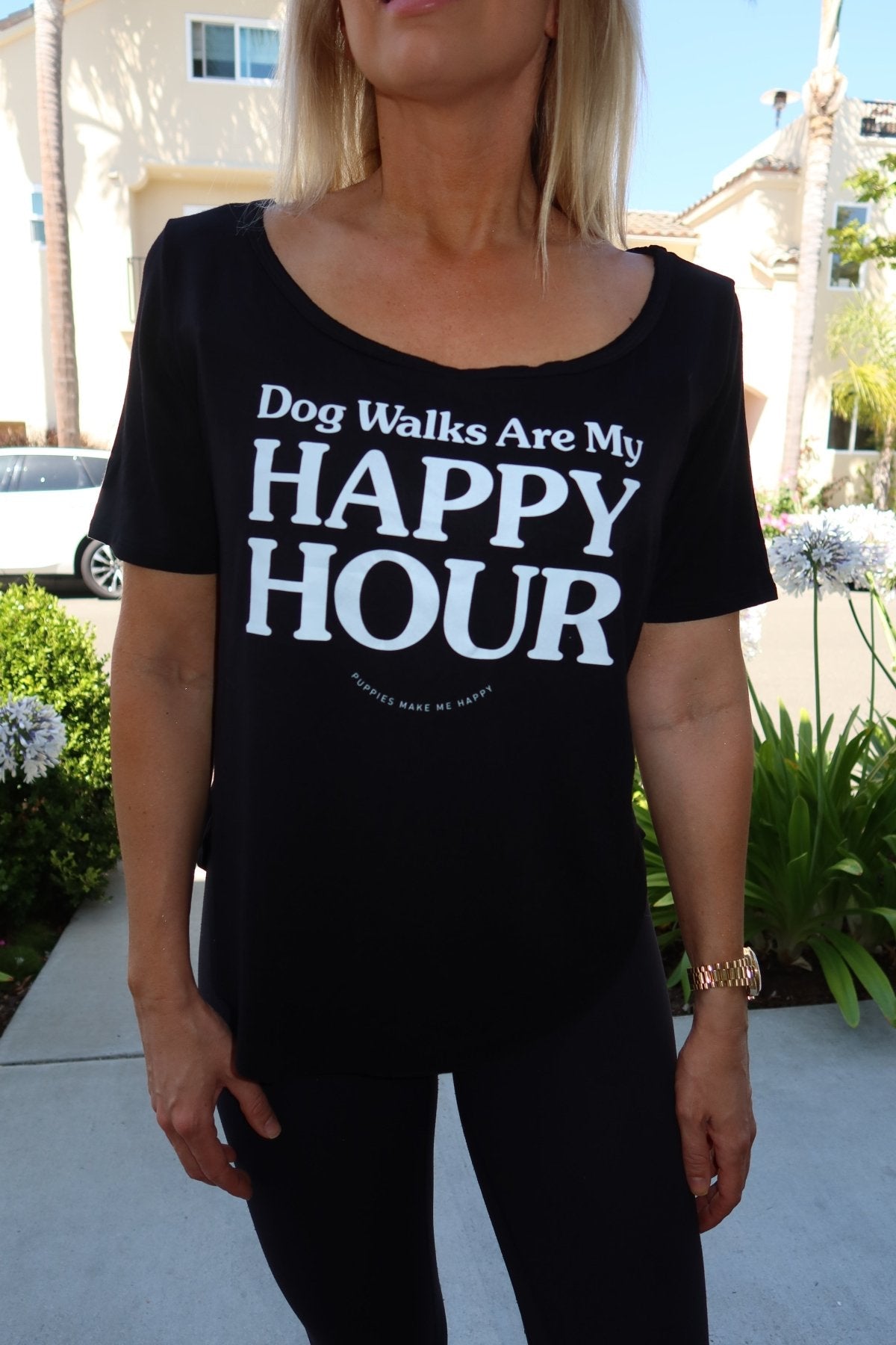 Dog Walks Are My Happy Hour Scoop Neck Tee | Gift for Dog Moms | Made in USA