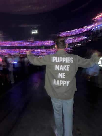 Puppies Make Me Happy Military Button-Up Shirt | Handmade in Los Angeles USA | Dog Lover Gift