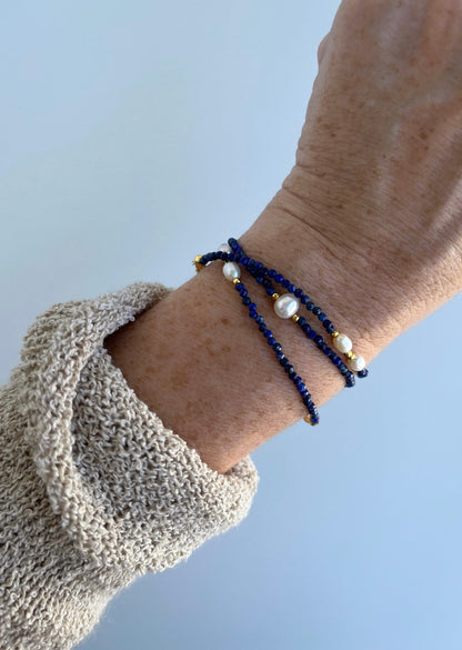 Balance and Communication- Lapis Lazuli Pearl Wrap Bracelet - Necklace