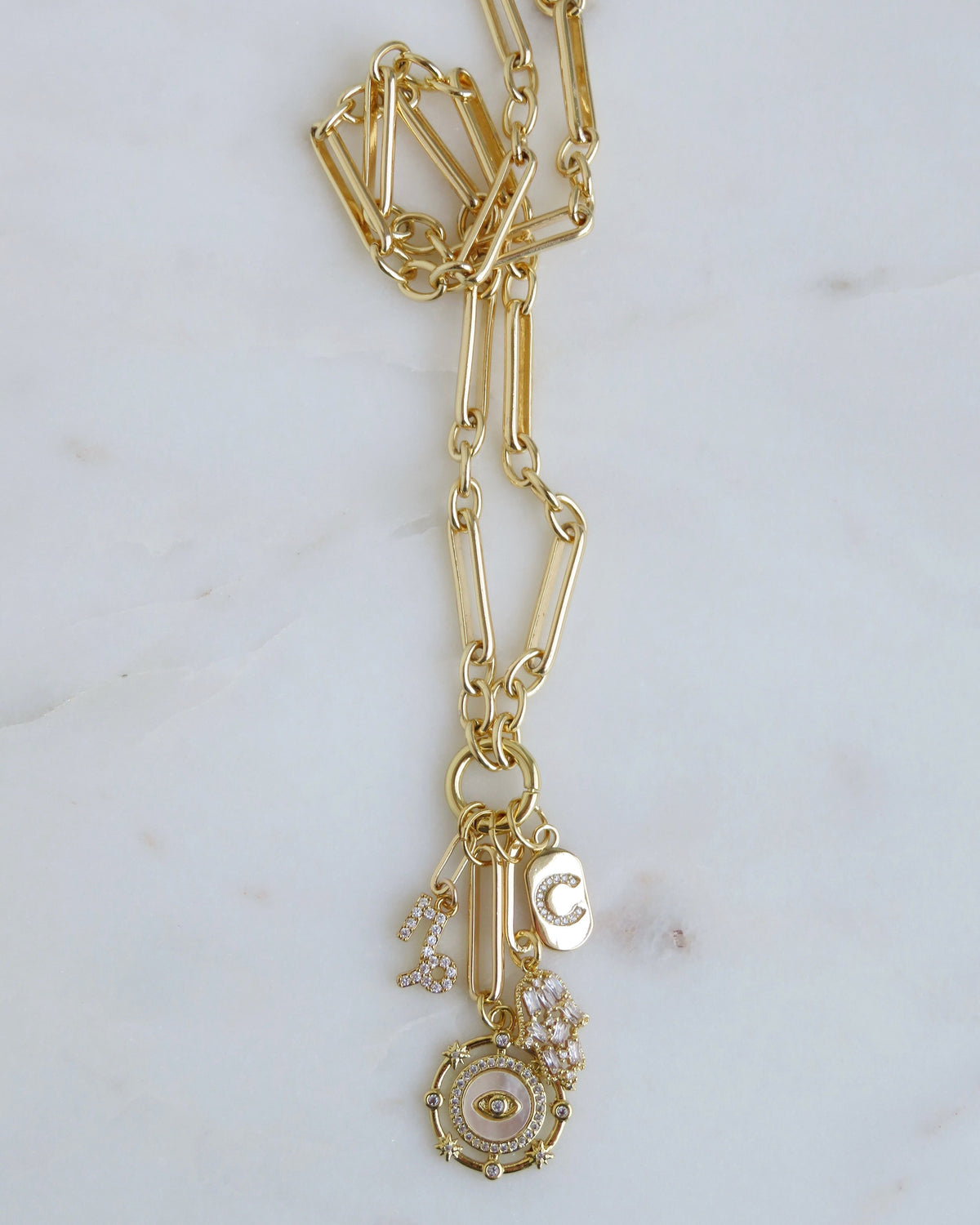 Personalized Zodiac Evil Eye Hamsa Celestial Charm Cluster Necklace - Figaro