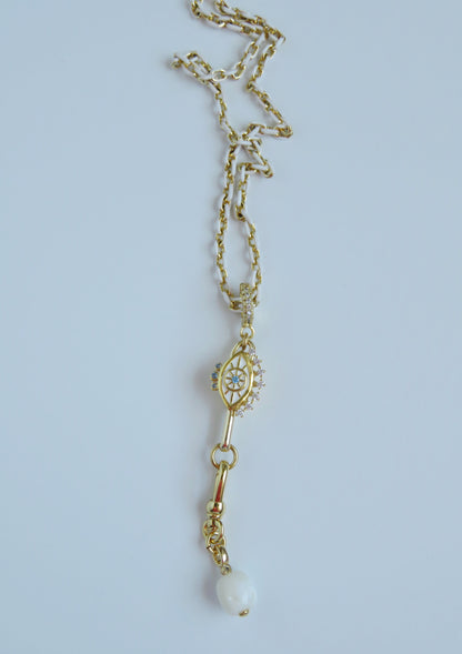 Evil Eye Hinged Clasp Lariat Chain - Figaro Link - add a charm