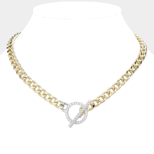 14K Gold Plated CZ Stone Paved Toggle Necklace