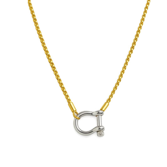 Lucky Lock Carabiner Necklace – Two-Tone Mixed Metal Horseshoe Pendant Chain