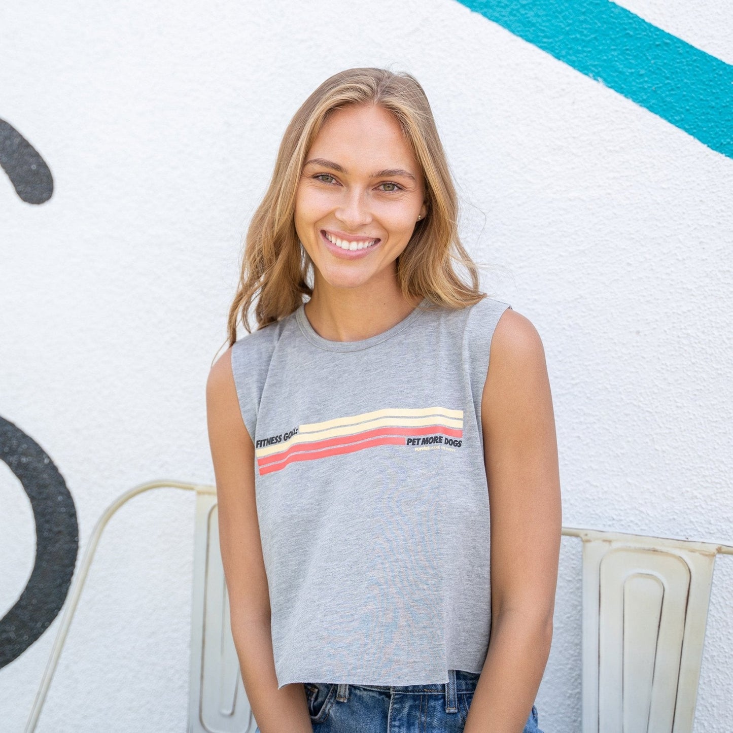 Puppies Fitness Stripes Crop Tank | Light Grey | Sporty Dog Mom Gift | Made in USA | Last 4