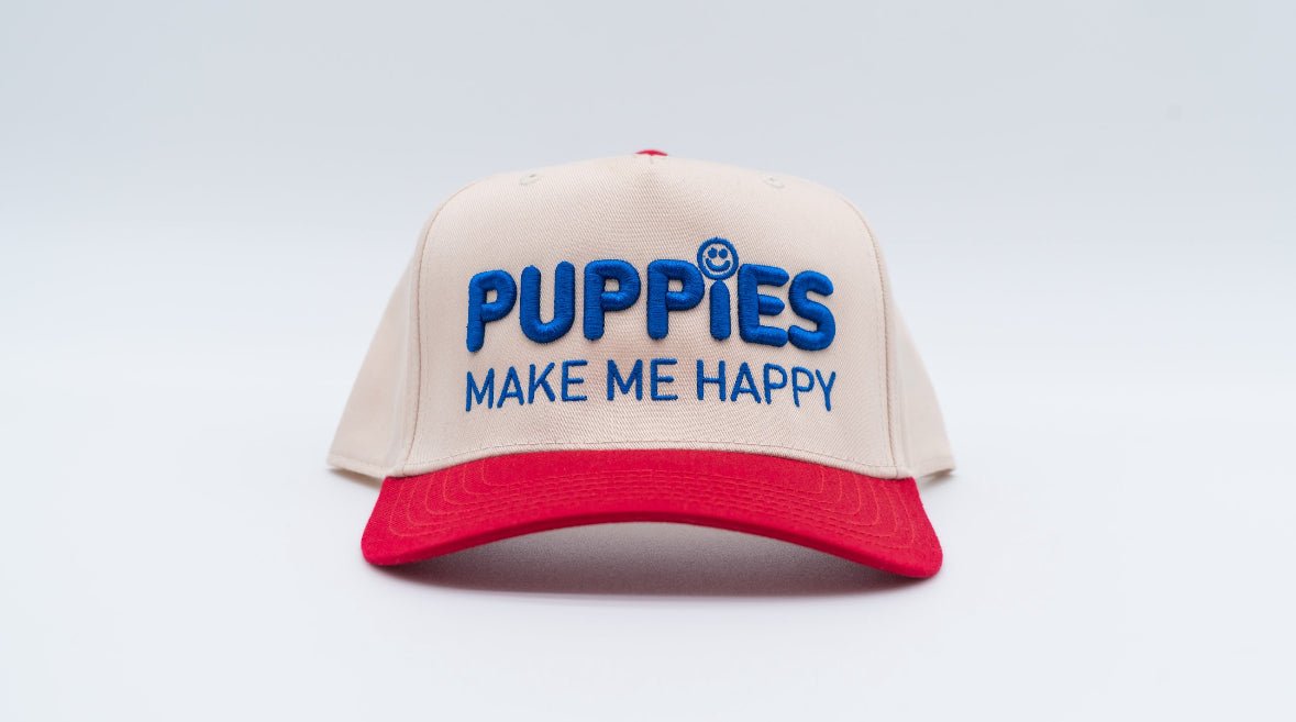 Puppies Make Me Happy Red White & Blue 3D Puff Snapback Hat | 4th of July Dog Lover Gift