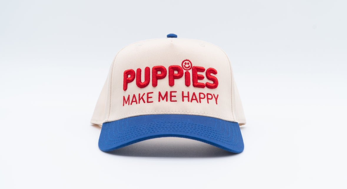 Puppies Make Me Happy Red White & Blue 3D Puff Snapback Hat | 4th of July Dog Lover Gift